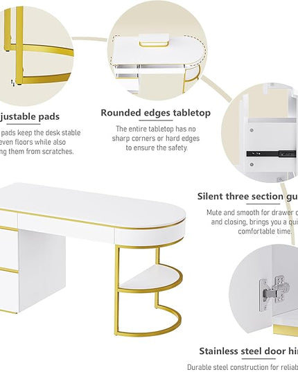 NicBex Laik-DW-00036-DX Desks, 60" W x 26.1" D x 31.9" H, Gold+White - LeafyLoom