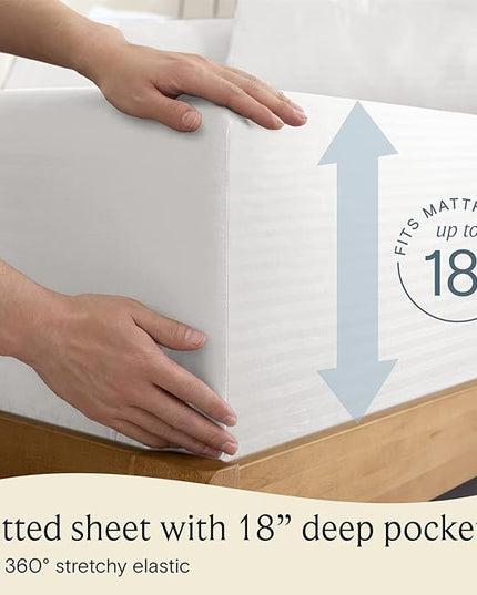 LuxClub 7 PC Split King Size Sheet Set Bed Sheets, Breathable Luxury Bed Sheets, Deep Pockets 18" Wrinkle Free Cooling Bed Sheets Machine Washable Hotel Bedding (Split King, Striped White) - LeafyLoom