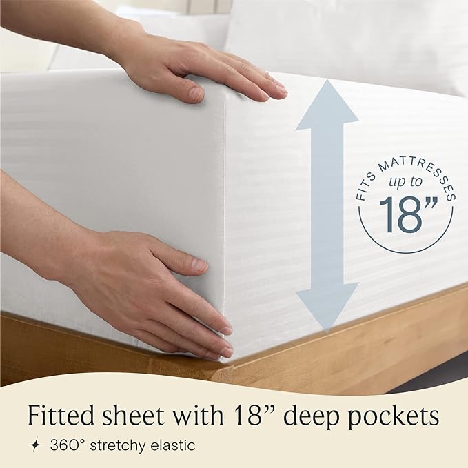 LuxClub 7 PC Split King Size Sheet Set Bed Sheets, Breathable Luxury Bed Sheets, Deep Pockets 18" Wrinkle Free Cooling Bed Sheets Machine Washable Hotel Bedding (Split King, Striped White) - LeafyLoom