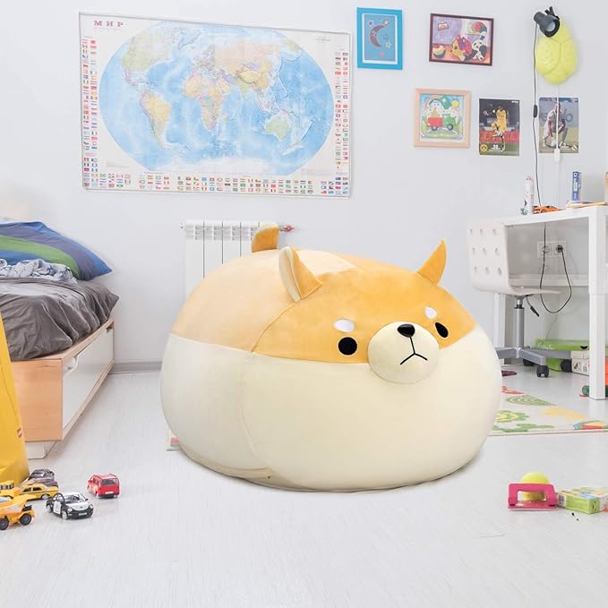 Stuffed Animal Storage Bean Bag Chair Cover for Kids Yellow Dog Shiba Inu Bean Bag Chair for Girls Large Size Toy Organizer Cover Only Without Filling - LeafyLoom