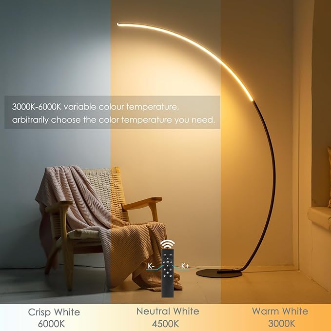 NUÜR Arc Floor Lamp, 67" Tall Black Gold LED Modern Standing Floor Lamp with Remote Control, Arched Bright Floor Lamps for Living Room Bedroom Office Home (Black) - LeafyLoom