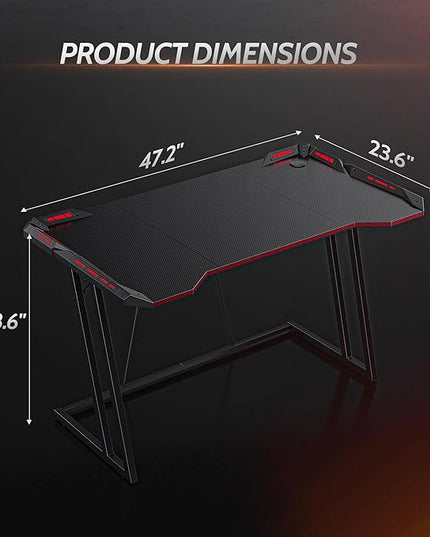 CubiCubi Gaming Desk with LED Lights, 47 Inch Z Shaped Gamer Desk, Home Game Computer Desk with Carbon Fiber Surface, Ergonomic Office PC Workstation with Cable Management, Black - LeafyLoom
