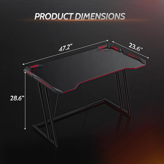 CubiCubi Gaming Desk with LED Lights, 47 Inch Z Shaped Gamer Desk, Home Game Computer Desk with Carbon Fiber Surface, Ergonomic Office PC Workstation with Cable Management, Black - LeafyLoom
