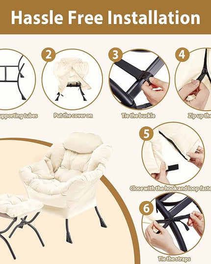 Lazy Chair with Folding Ottoman, Accent Chair Velvet Upholstered with Metal Structure and Non-Slip Pads, Sofa Armchair with Footrest and Side Storage Bag for Dorm, Room, Office, Beige - LeafyLoom