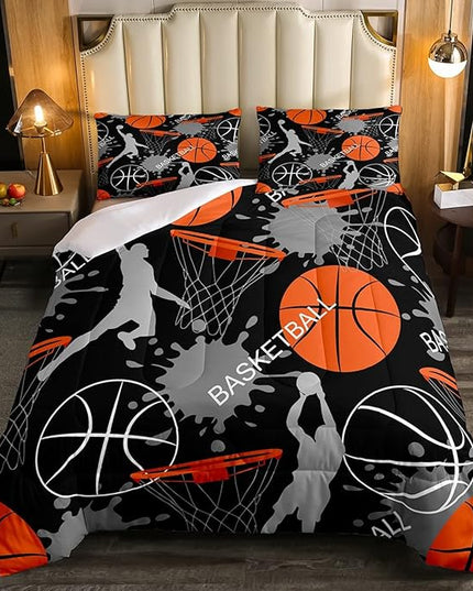 Basketball Bedding Set Tie Dye Down Comforter Passionate Sports Games Comforter Set for Kids Boys Man Jumping Up Shooting Action Quilt Set with 1 Comforter and 1 Pillow Case Twin Size Orange Black - LeafyLoom