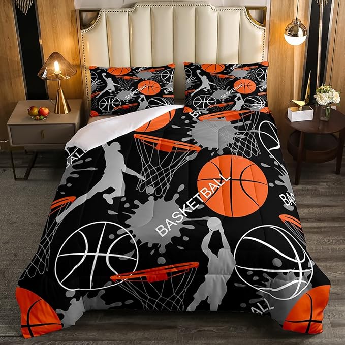 Basketball Bedding Set Tie Dye Down Comforter Passionate Sports Games Comforter Set for Kids Boys Man Jumping Up Shooting Action Quilt Set with 1 Comforter and 1 Pillow Case Twin Size Orange Black - LeafyLoom