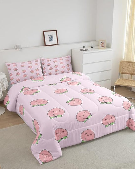 Erosebridal Peach Comforter Set Queen for Girls Women Kids Cute Cartoon Red Fruit Printed Reversible Bedding Set Kawaii Decor Soft Warm Quilt Duvet Set Pink Nature Plant Comforter - LeafyLoom