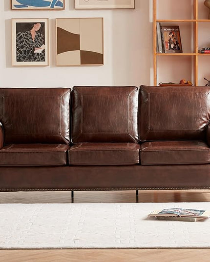 Dreamsir 79'' Traditional Faux Leather Sofa Couch with Nailhead Trim, Classic 3-Seater Sofa with Rolled Arms for Living Room, Bedroom, Apartment, Easy to Install (Retro Brown) - LeafyLoom