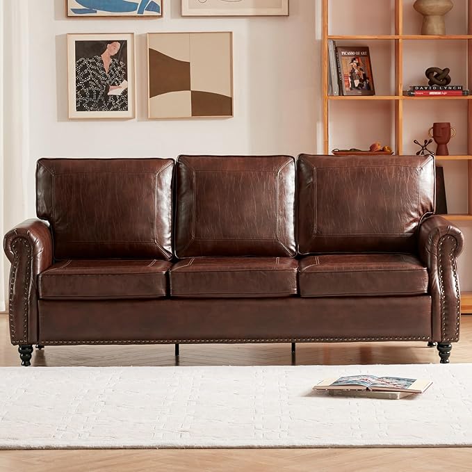 Dreamsir 79'' Traditional Faux Leather Sofa Couch with Nailhead Trim, Classic 3-Seater Sofa with Rolled Arms for Living Room, Bedroom, Apartment, Easy to Install (Retro Brown) - LeafyLoom