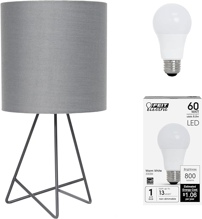 Simple Designs LT2066-GOG-LB 14" Down to The Wire Table Lamp for Bedroom, Living Room, Entryway, Office, Gray with Gray Shade, with Feit LED Bulb Included - LeafyLoom