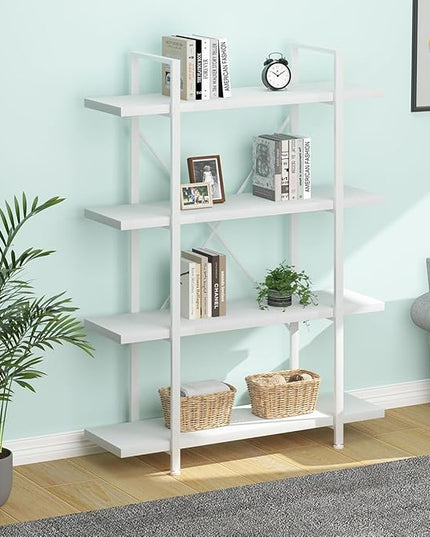 HSH 4 Tier White Bookshelf, Modern 4 Shelf Etagere Bookcase, Industrial Wood and Metal Storage Shelves and Display Book Rack, Farmhouse Open Wide Book Shelf for Bedroom Living Room Office, White Oak - LeafyLoom