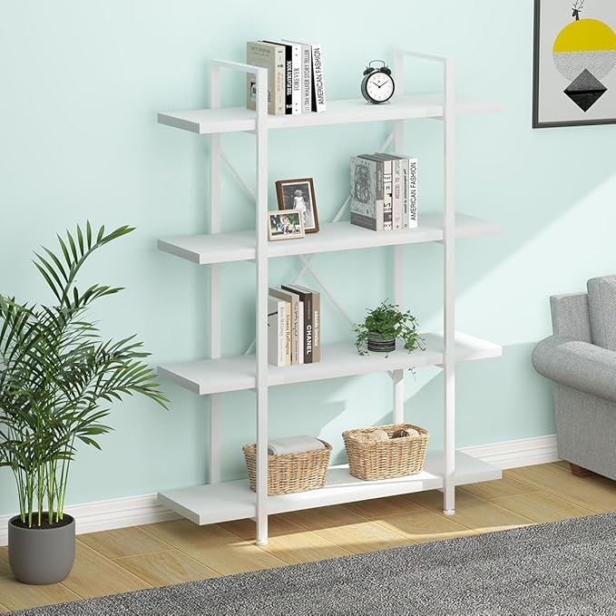 HSH 4 Tier White Bookshelf, Modern 4 Shelf Etagere Bookcase, Industrial Wood and Metal Storage Shelves and Display Book Rack, Farmhouse Open Wide Book Shelf for Bedroom Living Room Office, White Oak - LeafyLoom