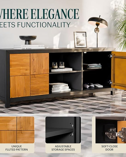 Bme Solid Wood Fluted Fully Assembled Media Console, Craft to Last Center with Soft Close Door & Adjustable Storage Space, Spacious & Unique Entertainment, Madia 60 Inch TV Stand, Black & Teak Brown - LeafyLoom