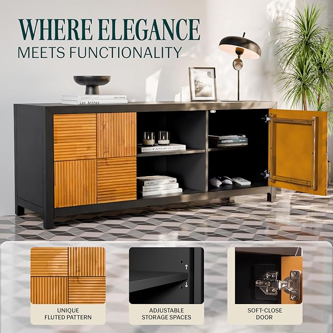 Bme Solid Wood Fluted Fully Assembled Media Console, Craft to Last Center with Soft Close Door & Adjustable Storage Space, Spacious & Unique Entertainment, Madia 60 Inch TV Stand, Black & Teak Brown - LeafyLoom