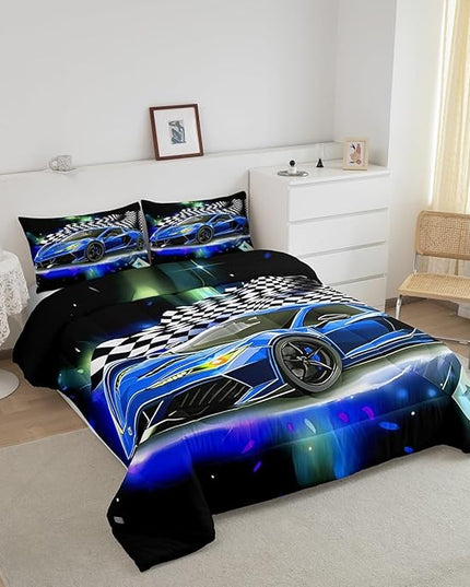 Feelyou Blue Racing Car Comforter Set Twin Size, Fast and Furious Extreme Sport Games Bedding Sets for Kids Boys Teens,Sports Car Bed in A Bag,Cool Modern Duvet Insert with 1 Pillowcase - LeafyLoom