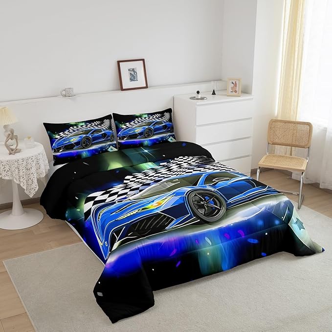 Feelyou Blue Racing Car Comforter Set Queen Size, Fast and Furious Extreme Sport Games Bedding Sets for Kids Boys Teens,Sports Car Bed in A Bag,Cool Modern Duvet Insert with 2 Pillowcases - LeafyLoom