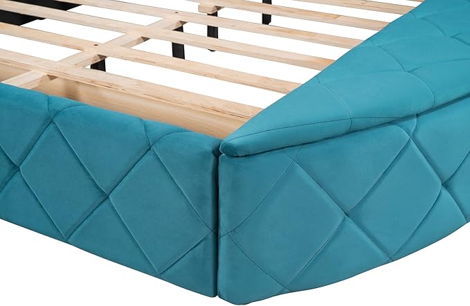 Velvet Upholstered Platform Bed Frame Queen Size with Wingback Headboard, Solid Wood Storage Bed with Spacious Drawer and Convenient Side Storage Stools, Elegant Design, Blue - LeafyLoom