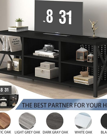 LVB Black Entertainment Center, Modern Wood Metal TV Stand for 65 Inch TV, Industrial Television Stands with Cabinet Storage, Farmhouse Media Console Tables for Home Living Bedroom, Black Oak, 55 Inch - LeafyLoom