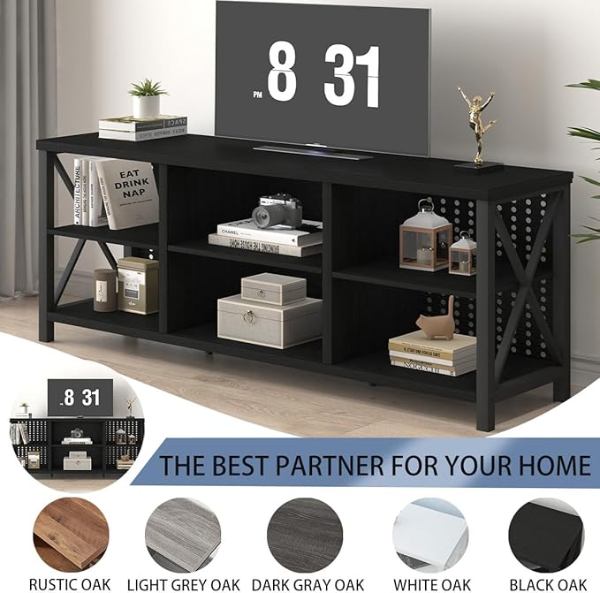 LVB Black Entertainment Center, Modern Wood Metal TV Stand for 65 Inch TV, Industrial Television Stands with Cabinet Storage, Farmhouse Media Console Tables for Home Living Bedroom, Black Oak, 55 Inch - LeafyLoom