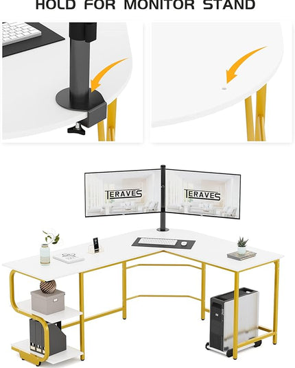 Teraves Reversible L Shaped Desk with Shelves Round Corner Computer Desk Gaming Table Workstation for Home Office (Large, White + Gold Frame) - LeafyLoom