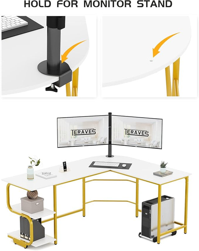 Teraves Reversible L Shaped Desk with Shelves 61“ Computer Desk Gaming Desk for Home Office Corner Office Desk for Small Space - LeafyLoom