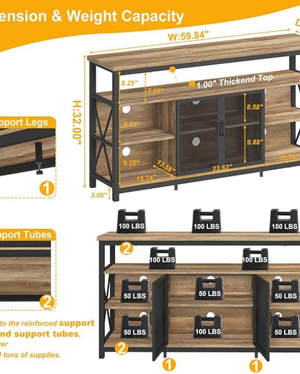 BON AUGURE Tall TV Stand for 55 65 Inch TV, Wood Entertainment Center with Storage Cabinet, Industrial Farmhouse TV Console for Living Room and Bedroom (32 Inch High, Vintage Oak) - LeafyLoom