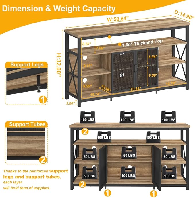 BON AUGURE Tall TV Stand for 55 65 Inch TV, Wood Entertainment Center with Storage Cabinet, Industrial Farmhouse TV Console for Living Room and Bedroom (32 Inch High, Vintage Oak) - LeafyLoom