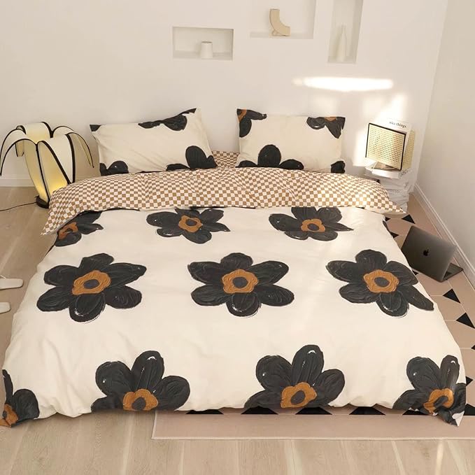Black and White Comforter Set Black Floral Bedding King Comforter Set Hand-Drawn Flowers Cotton Women Modern Elegant Chic Quilts Blankets Lightweight Black Flower Reversible Bed Comforter Set - LeafyLoom