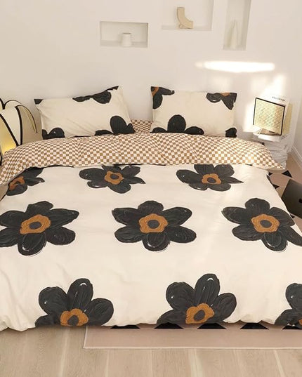 Black and White Comforter Set Black Floral Bedding Cal King Comforter Set Black Flowers Cotton Women Modern Elegant Chic Quilts Blankets Lightweight Black Flower Reversible Bed Comforter Set - LeafyLoom