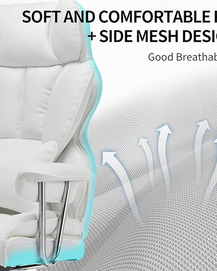 Desk Office Chair 400LBS, Big and Tall Office Chair, PU Leather Computer Chair, Executive Office Chair with Leg Rest and Lumbar Support, White Office Chair - LeafyLoom