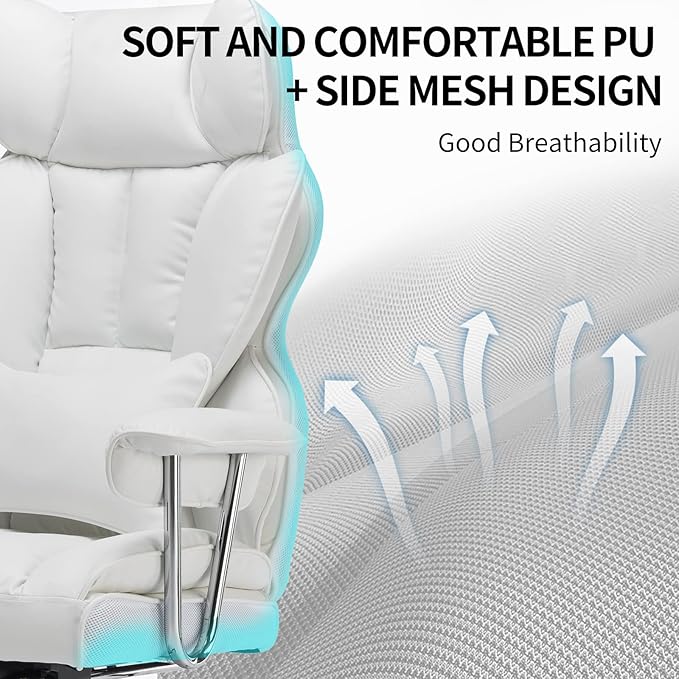 Desk Office Chair 400LBS, Big and Tall Office Chair, PU Leather Computer Chair, Executive Office Chair with Leg Rest and Lumbar Support, White Office Chair - LeafyLoom