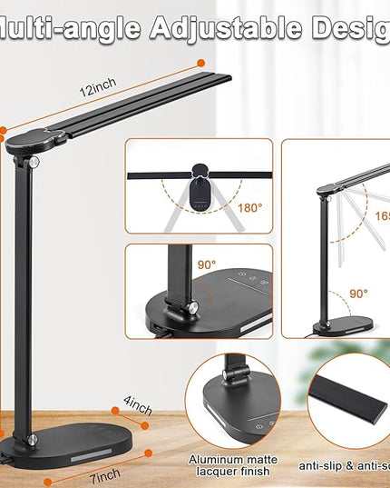 Doule Head Desk Lamp, Dimmable Desk Light, Adjustable Reading Lamps, Eye-Caring Table Lamp, Multi-Angle Adjustable and Foldabel Design Table Lamp - Black - LeafyLoom