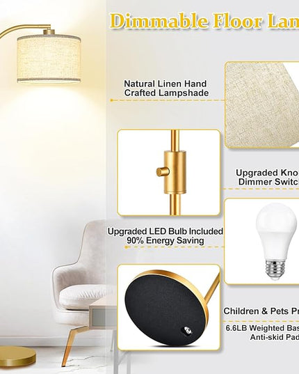 【Upgraded】 Dimmable Floor Lamp, 1200 Lumens LED Bulb Included, Gold Arc Floor Lamps for Living Room Modern Standing Lamp with Linen Shade, Tall Lamp for Living Room Bedroom Office Reading Room Nursery - LeafyLoom