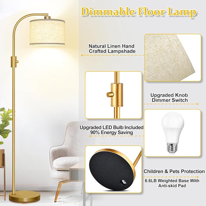 【Upgraded】 Dimmable Floor Lamp, 1200 Lumens LED Bulb Included, Gold Arc Floor Lamps for Living Room Modern Standing Lamp with Linen Shade, Tall Lamp for Living Room Bedroom Office Reading Room Nursery - LeafyLoom