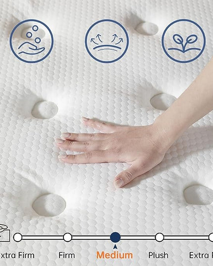 King Mattress 10 Inch, King Size Mattress in a Box, Hybrid Mattress with Pocket Spring and Soft Foam, Ultimate Motion Isolation, Strong Support, Medium Firm, Upgraded Strength - LeafyLoom