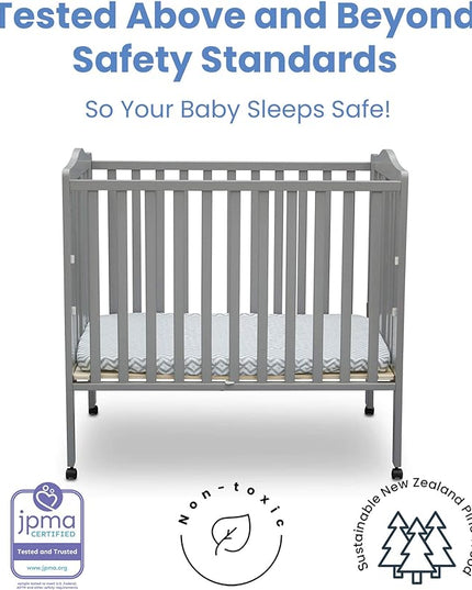 Delta Children Folding Portable Mini Baby Crib with 1.5-inch Mattress - Greenguard Gold Certified, Grey - LeafyLoom