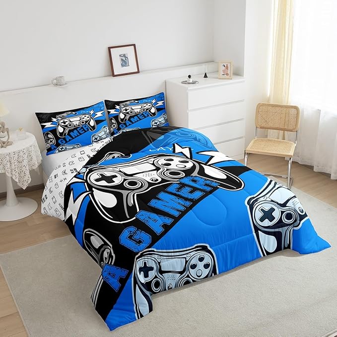 Erosebridal Gaming Comforter Sets for Boys Kids Video Game Comforter Set,Gamer Bedding Set Blue Black Quilt Duvet Set Men Boys Bedroom Decor,King Size 3Pcs - LeafyLoom