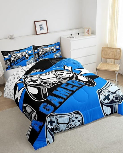 Erosebridal Gaming Bedding Sets for Boys Gamer Comforter Set Queen Size,Video Gaming Bedding Set Game Console Kids Comforter Sets 3Pcs Gamer Room Decor,Blue Black - LeafyLoom