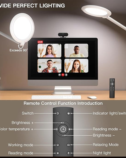 LED Desk Lamp for Video Conferencing, Webcam Light, Reading Light, Dimmable 4 Color Modes, 18W Desk Light, Clip on Light, Eye Care Zoom Light, for Home Office and Office Use - LeafyLoom