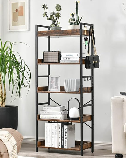 HCHQHS Adjustable 5 Tier Open Bookcase, Rustic Farmhouse Book Shelves, Industrial Wood and Black Metal Bookshelves, Mid Century Bookcase for Home Office Living Room Bedroom - LeafyLoom