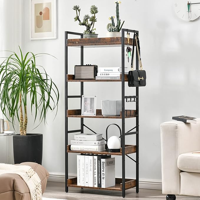 HCHQHS Adjustable 5 Tier Open Bookcase, Rustic Farmhouse Book Shelves, Industrial Wood and Black Metal Bookshelves, Mid Century Bookcase for Home Office Living Room Bedroom - LeafyLoom