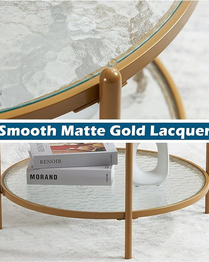 VINGLI 25.6" Small Matte Gold Round Coffee Table Water-wave Glass Circle Clear Coffee Table, Center Table with 2-Tier Modern Storage Design for Living Room, Bedroom, Meeting Room, Balcony, Patio - LeafyLoom