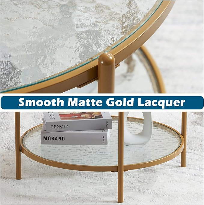 VINGLI 25.6" Small Matte Gold Round Coffee Table Water-wave Glass Circle Clear Coffee Table, Center Table with 2-Tier Modern Storage Design for Living Room, Bedroom, Meeting Room, Balcony, Patio - LeafyLoom