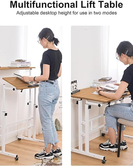 soges Rolling Standing Desk, Height Adjustable Home Office Desk, Mobile Sit-Stand Laptop Desk with Cup Holder and Hook, Portable Desk with Wheels, Oak - LeafyLoom