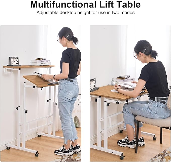 soges Rolling Standing Desk, Height Adjustable Home Office Desk, Mobile Sit-Stand Laptop Desk with Cup Holder and Hook, Portable Desk with Wheels, Oak - LeafyLoom