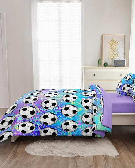 4 Piece Girls Soccer Bedding Set Twin Size Colorful Soccer Comforter Set for Teen Girls Kids Twin Bed in a Bag Set with Sheets Twin Bed Sets for Teenage - LeafyLoom