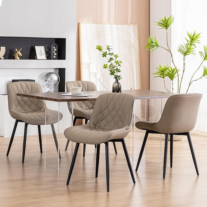 YOUNUOKE Dining Chairs Set of 2 Mid Century Modern Kitchen Chair Comfortable Upholstered Faux Leather Dinner Chairs for Kitchen Dining Room, Khaki - LeafyLoom
