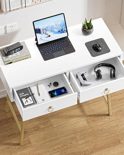 Anmytek Modern Home Office Desk, 35.4 Inch Makeup Vanity Table White Study Desk 2 Drawers Writing Desk Computer Desk with Golden Legs, D0002 - LeafyLoom