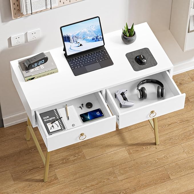 Anmytek Modern Home Office Desk, 35.4 Inch Makeup Vanity Table White Study Desk 2 Drawers Writing Desk Computer Desk with Golden Legs, D0002 - LeafyLoom