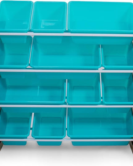 Humble Crew, Natural Wood/Aqua 12 Bin Toy Storage Organizer - LeafyLoom